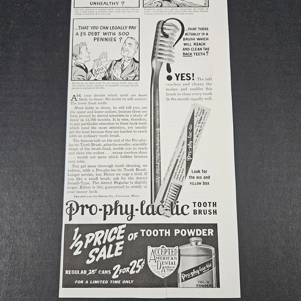 1938 Pro-Phy-Lac-Tic‎ Tooth Brush & Powder Vintage Print Ad Comic Story Panels